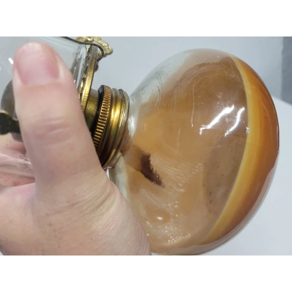 Vintage Amber Glass Oil Lamp with Clear Beaded Chimney 12in‎